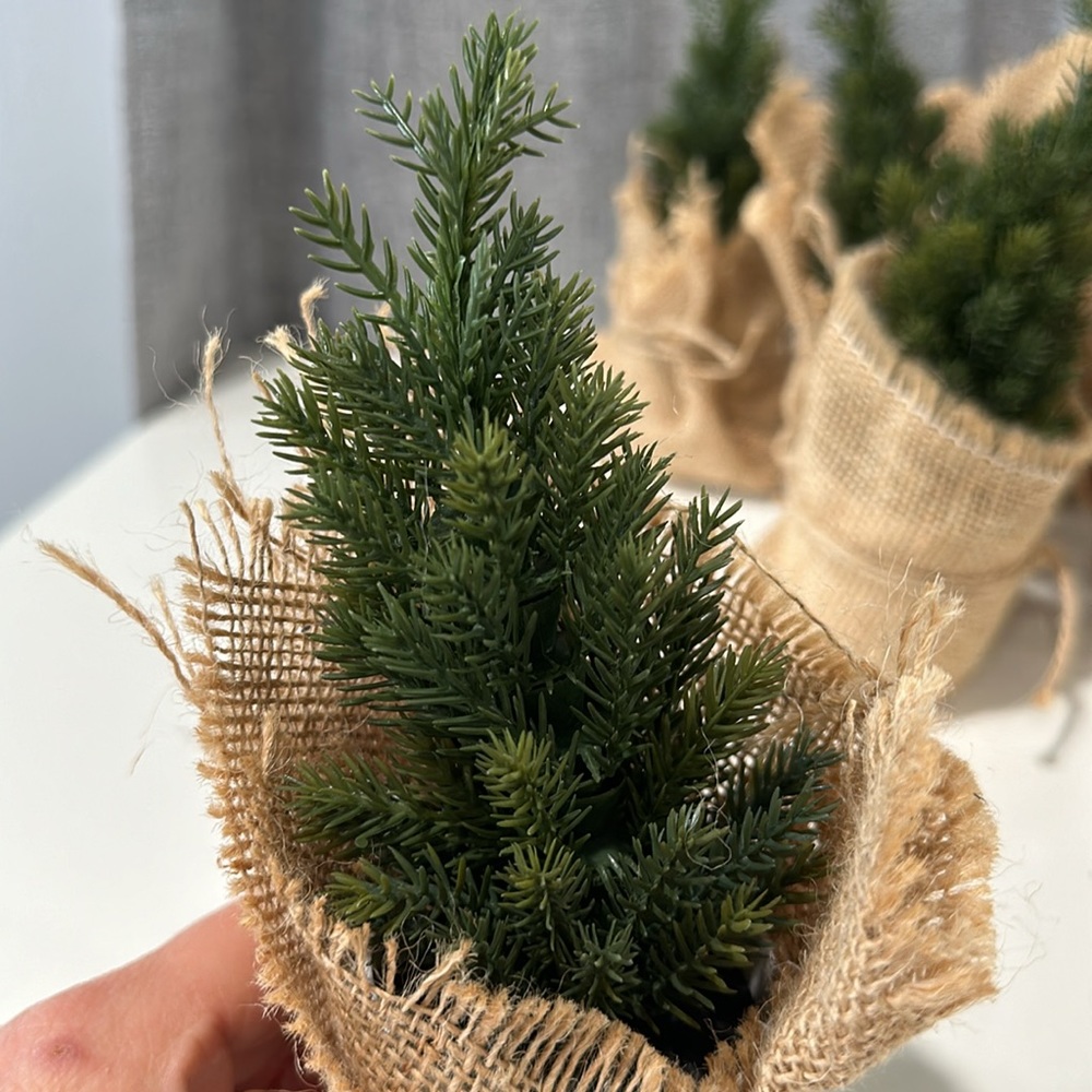 7 Mini Christmas desktop/table green artificial pine tree with burlap. - Picture 6 of 6